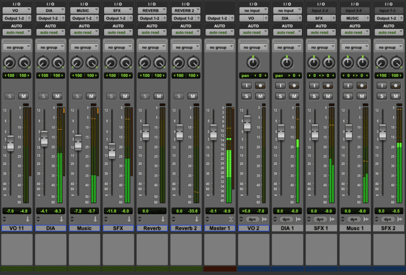 A screenshot of Avid Pro Tools Mix View with multiple audio channels