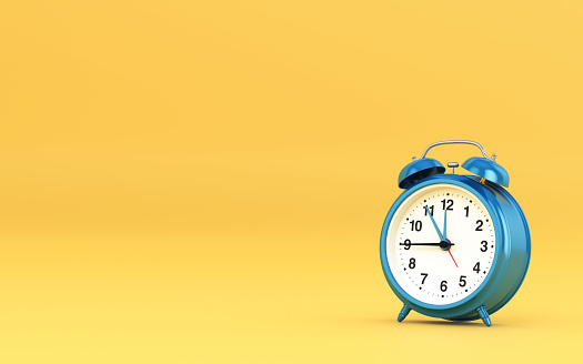 3d Render Blue Alarm Clock on Yellow background stock photo