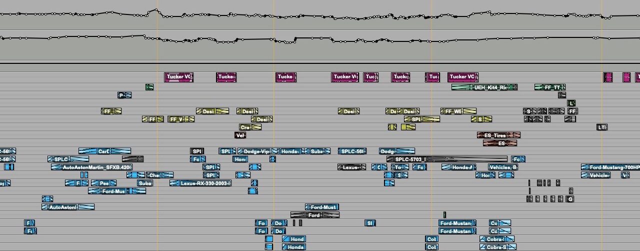 Pro Tools Audio Timeline showing audio files on the timeline and the mix automation