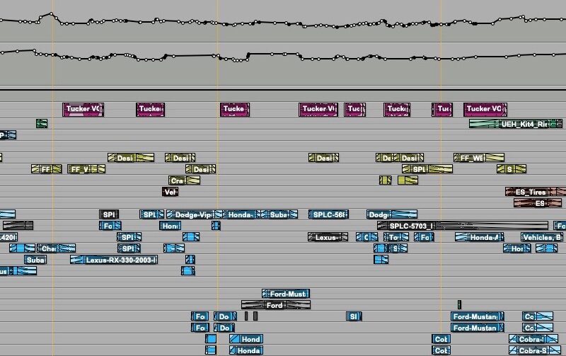 Pro Tools Audio Timeline showing audio files on the timeline and the mix automation